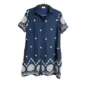 Kindred navy krinkle shirtdress with white embroidery large